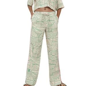 Zara Linen Blend Graffiti Print Pant Cream Green Pink Jogger Pajama Trouser XS